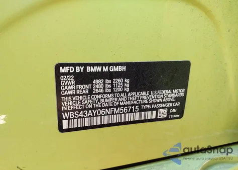 2022 BMW M3 Competition xDrive from USA, damaged, VIN WBS43AY06NFM56715